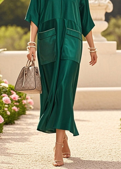 Chic Green V Neck Pockets Patchwork Silk Dresses Summer