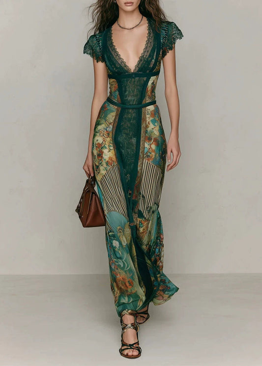 Chic Green V Neck Print Lace Patchwork Cotton Long Dresses Summer