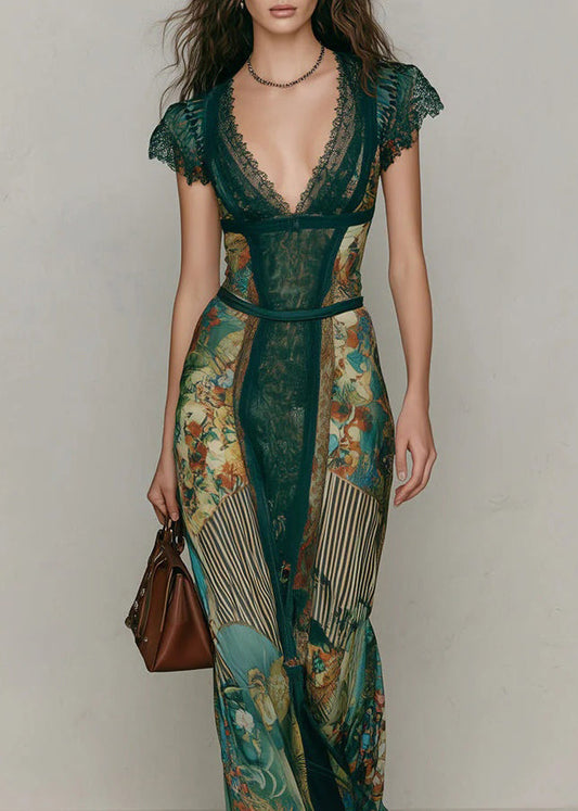 Chic Green V Neck Print Lace Patchwork Cotton Long Dresses Summer