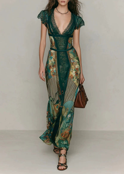 Chic Green V Neck Print Lace Patchwork Cotton Long Dresses Summer