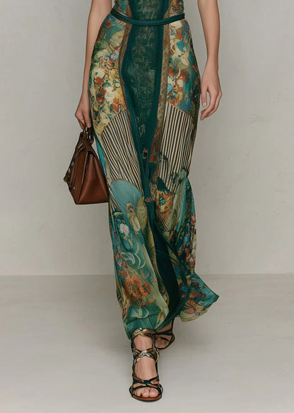 Chic Green V Neck Print Lace Patchwork Cotton Long Dresses Summer