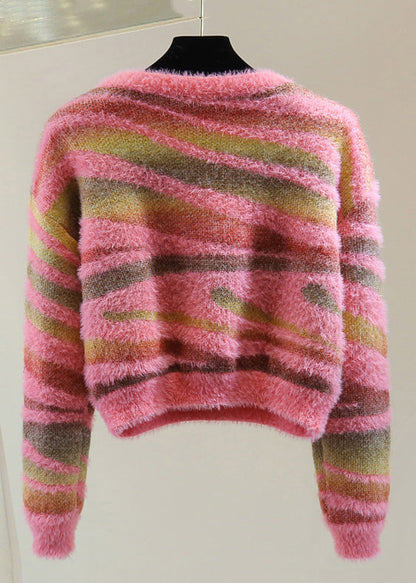 Chic Green V Neck Thick Striped Cotton Knit Sweater Winter