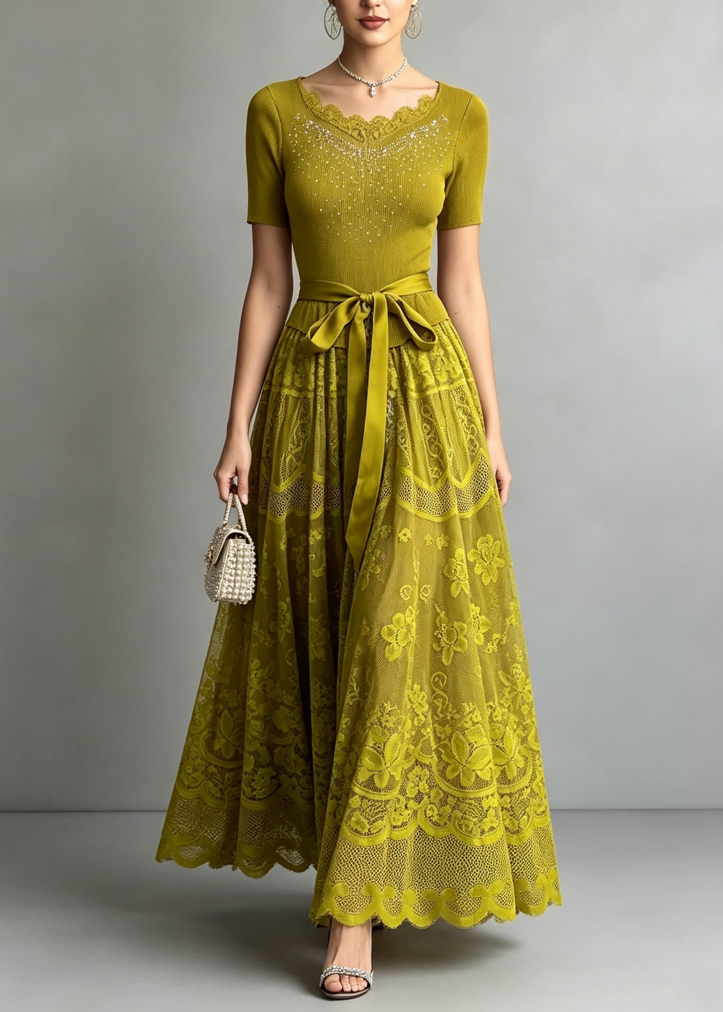 Chic Green Zircon Lace Patchwork Tie Waist Knit Dresses Summer