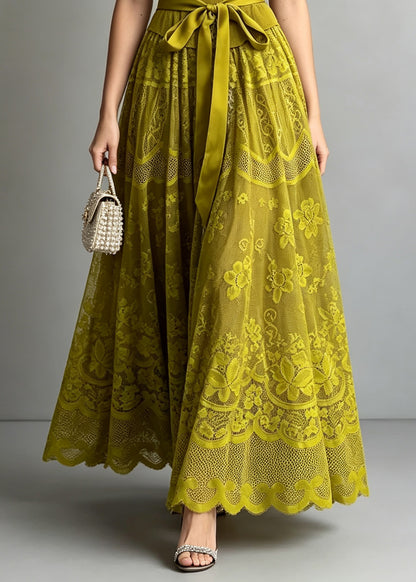 Chic Green Zircon Lace Patchwork Tie Waist Knit Dresses Summer