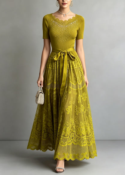 Chic Green Zircon Lace Patchwork Tie Waist Knit Dresses Summer