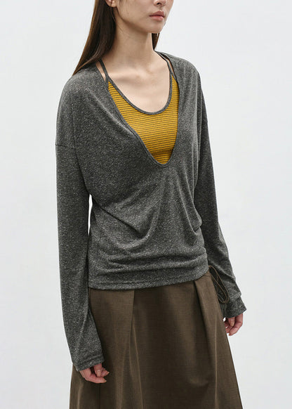Chic Grey False Two Pieces Patchwork Cotton T Shirts Spring