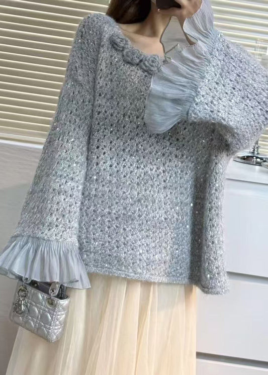 Chic Grey Flower Patchwork Tulle Sweater Tops Flare Sleeve