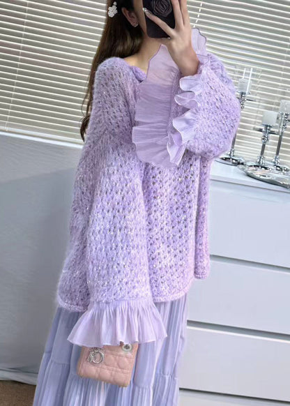 Chic Grey Flower Patchwork Tulle Sweater Tops Flare Sleeve