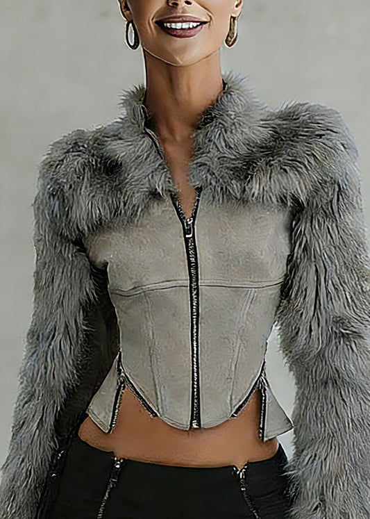 Chic Grey Fur Collar Zippered Faux Suede Patchwork Coats Spring