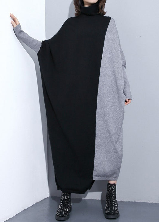 Chic Grey Hign Neck Patchwork Knitwear Dress Batwing Sleeve