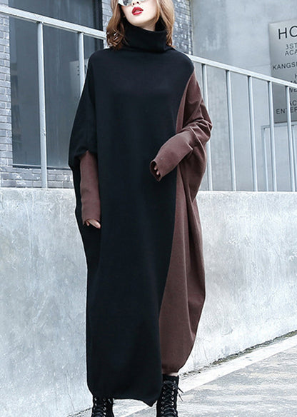 Chic Grey Hign Neck Patchwork Knitwear Dress Batwing Sleeve