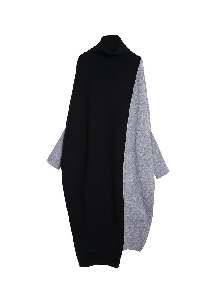 Chic Grey Hign Neck Patchwork Knitwear Dress Batwing Sleeve