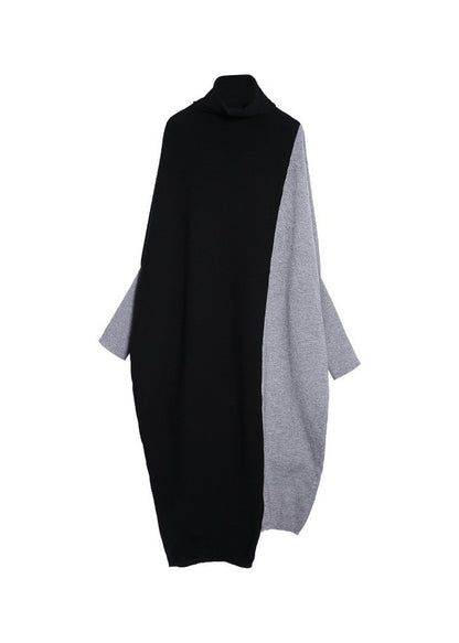Chic Grey Hign Neck Patchwork Knitwear Dress Batwing Sleeve