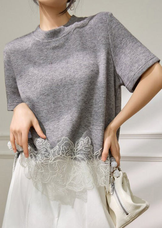 Chic Grey Lace Patchwork Top Short Sleeve
