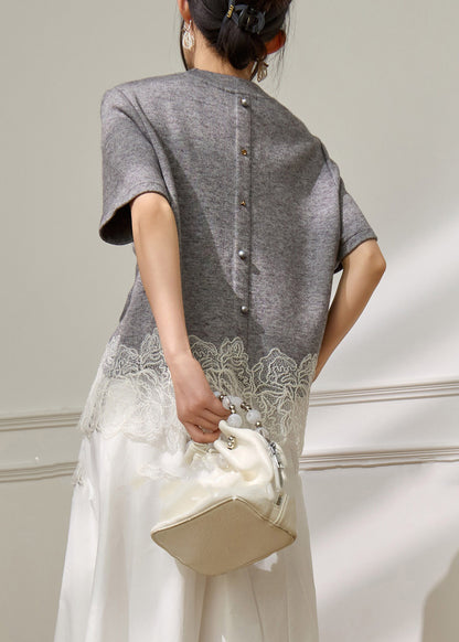 Chic Grey Lace Patchwork Top Short Sleeve