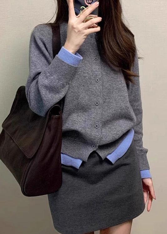 Chic Grey O Neck False Two Pieces Knit Cardigan Spring