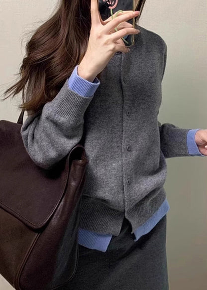 Chic Grey O Neck False Two Pieces Knit Cardigan Spring