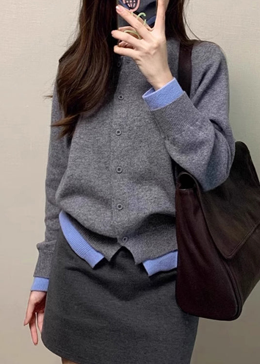 Chic Grey O Neck False Two Pieces Knit Cardigan Spring