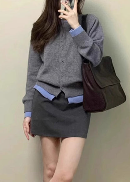 Chic Grey O Neck False Two Pieces Knit Cardigan Spring