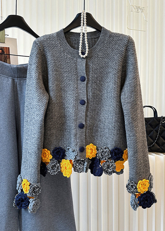 Chic Grey O-Neck Floral Knit Cardigan Winter