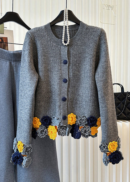 Chic Grey O-Neck Floral Knit Cardigan Winter