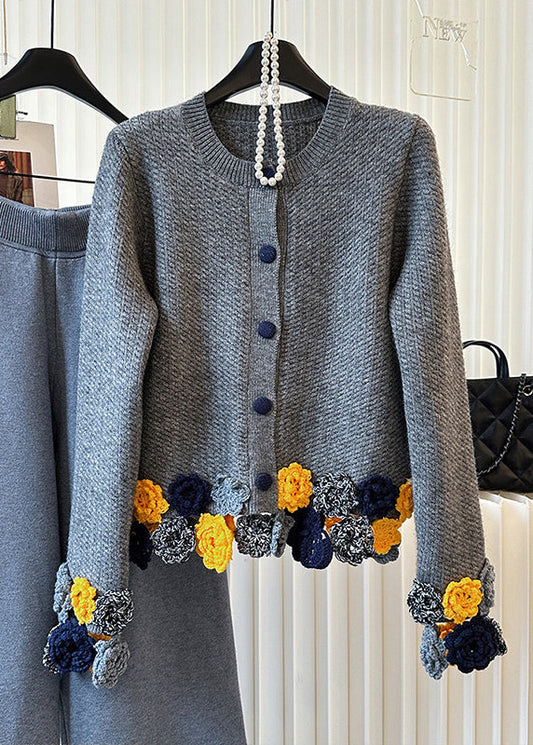 Chic Grey O-Neck Floral Knit Cardigan Winter