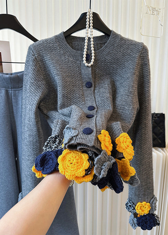 Chic Grey O-Neck Floral Knit Cardigan Winter