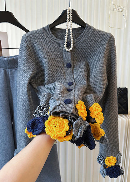 Chic Grey O-Neck Floral Knit Cardigan Winter