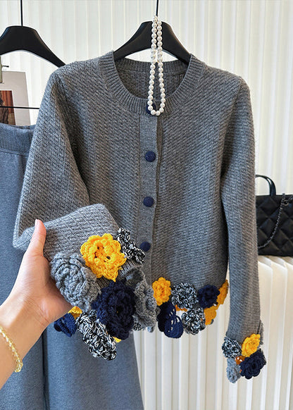 Chic Grey O-Neck Floral Knit Cardigan Winter