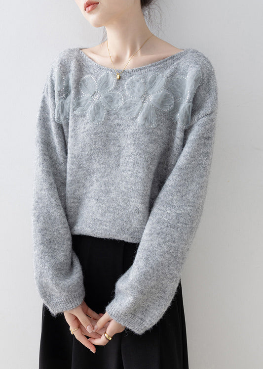 Chic Grey O Neck Floral Sequins Knitted Sweaters Spring