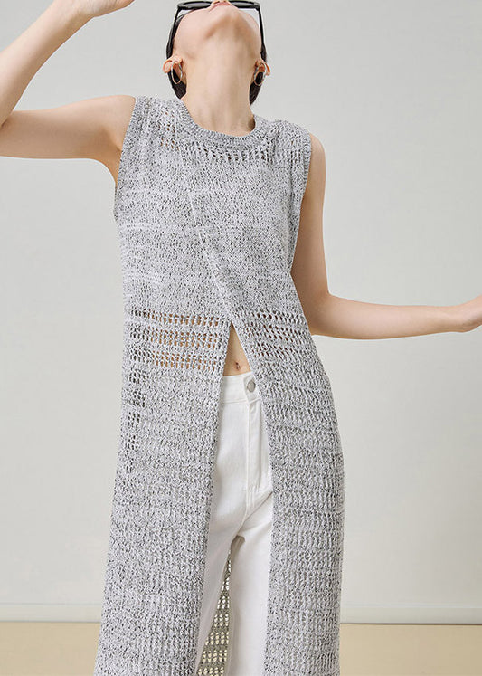 Chic Grey O-Neck Hollow Out Long Knit Cardigans Sleeveless