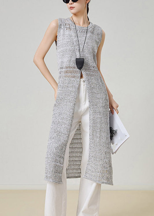 Chic Grey O-Neck Hollow Out Long Knit Cardigans Sleeveless