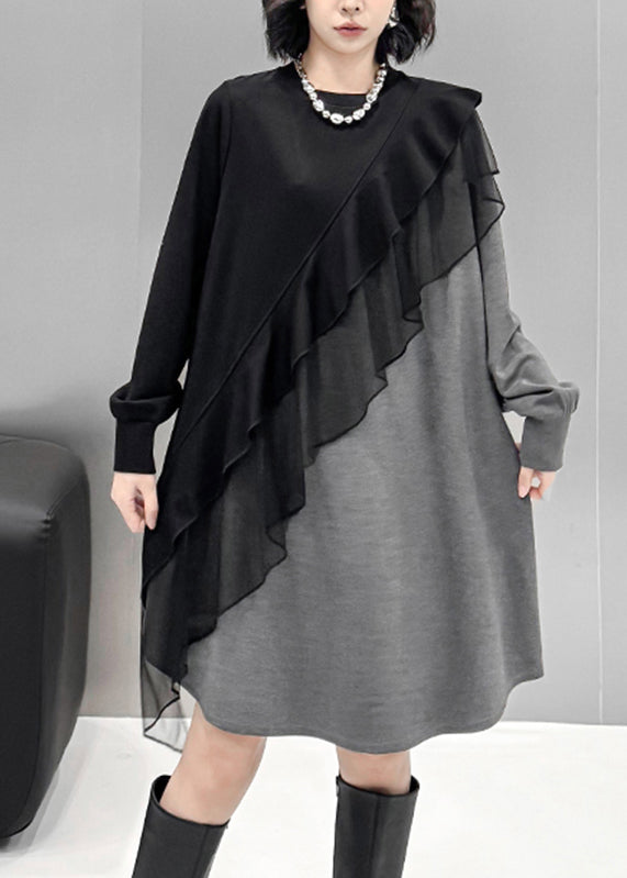 Chic Grey O-Neck Tulle Patchwork Cotton Knit Long Sweater Dress Lantern Sleeve