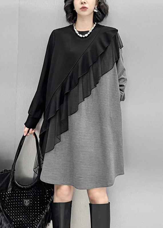 Chic Grey O-Neck Tulle Patchwork Cotton Knit Long Sweater Dress Lantern Sleeve