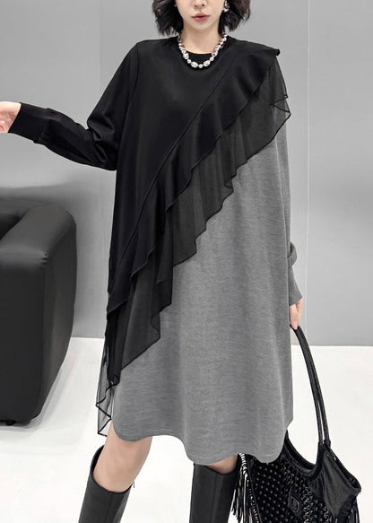 Chic Grey O-Neck Tulle Patchwork Cotton Knit Long Sweater Dress Lantern Sleeve