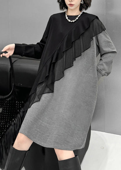 Chic Grey O-Neck Tulle Patchwork Cotton Knit Long Sweater Dress Lantern Sleeve