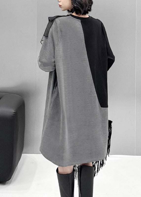 Chic Grey O-Neck Tulle Patchwork Cotton Knit Long Sweater Dress Lantern Sleeve