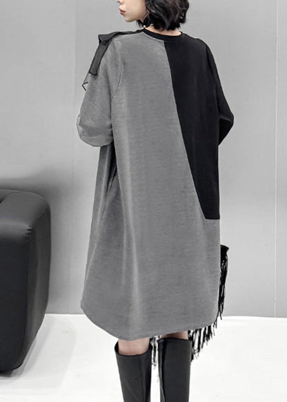 Chic Grey O-Neck Tulle Patchwork Cotton Knit Long Sweater Dress Lantern Sleeve