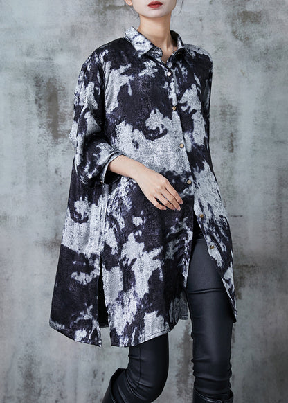 Chic Grey Oversized Tie Dye Silk Printing Shirt Dress Fall