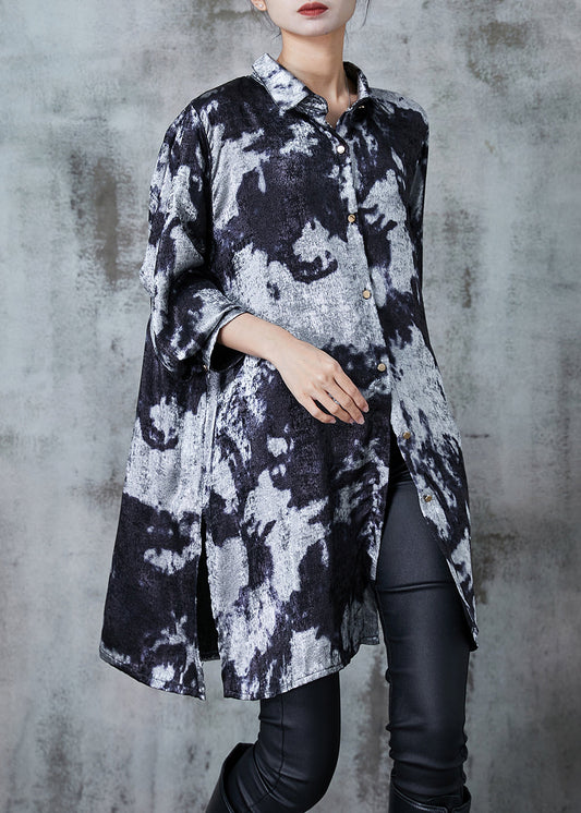 Chic Grey Oversized Tie Dye Silk Printing Shirt Dress Fall