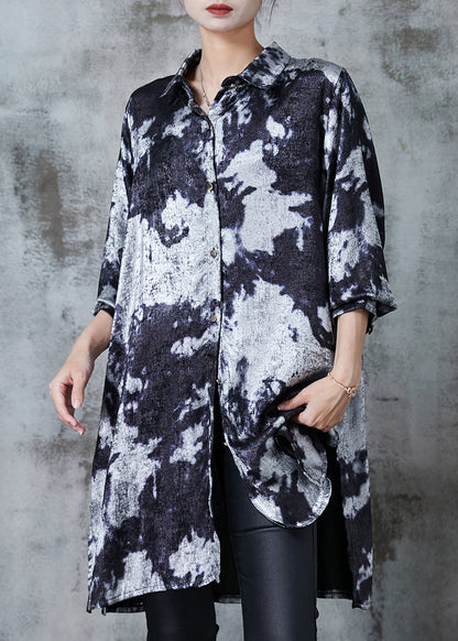 Chic Grey Oversized Tie Dye Silk Printing Shirt Dress Fall