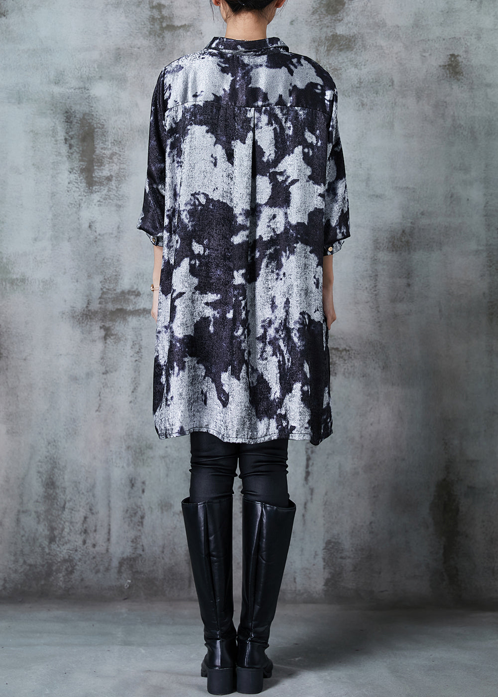 Chic Grey Oversized Tie Dye Silk Printing Shirt Dress Fall