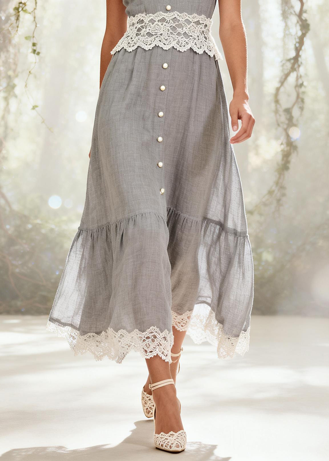 Chic Grey Patchwork Lace Fine Pearl Spaghetti Strap Dress Summer