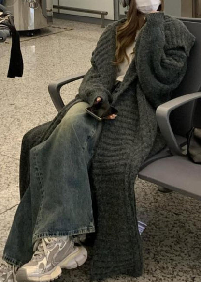 Chic Grey Peter Pan Collar Long Knit Loose Cardigans Spring