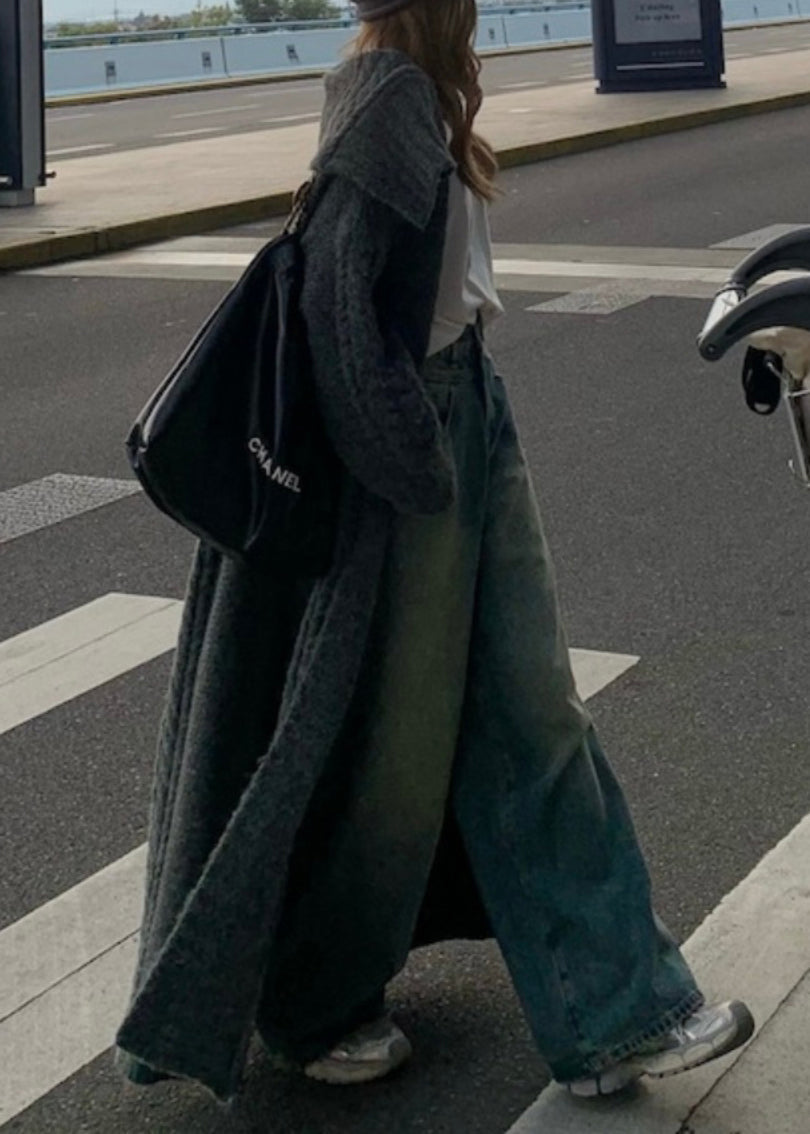 Chic Grey Peter Pan Collar Long Knit Loose Cardigans Spring