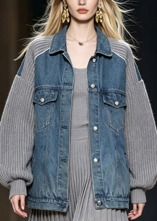 Chic Grey Peter Pan Collar Pockets Denim Patchwork Knit Coats Fall