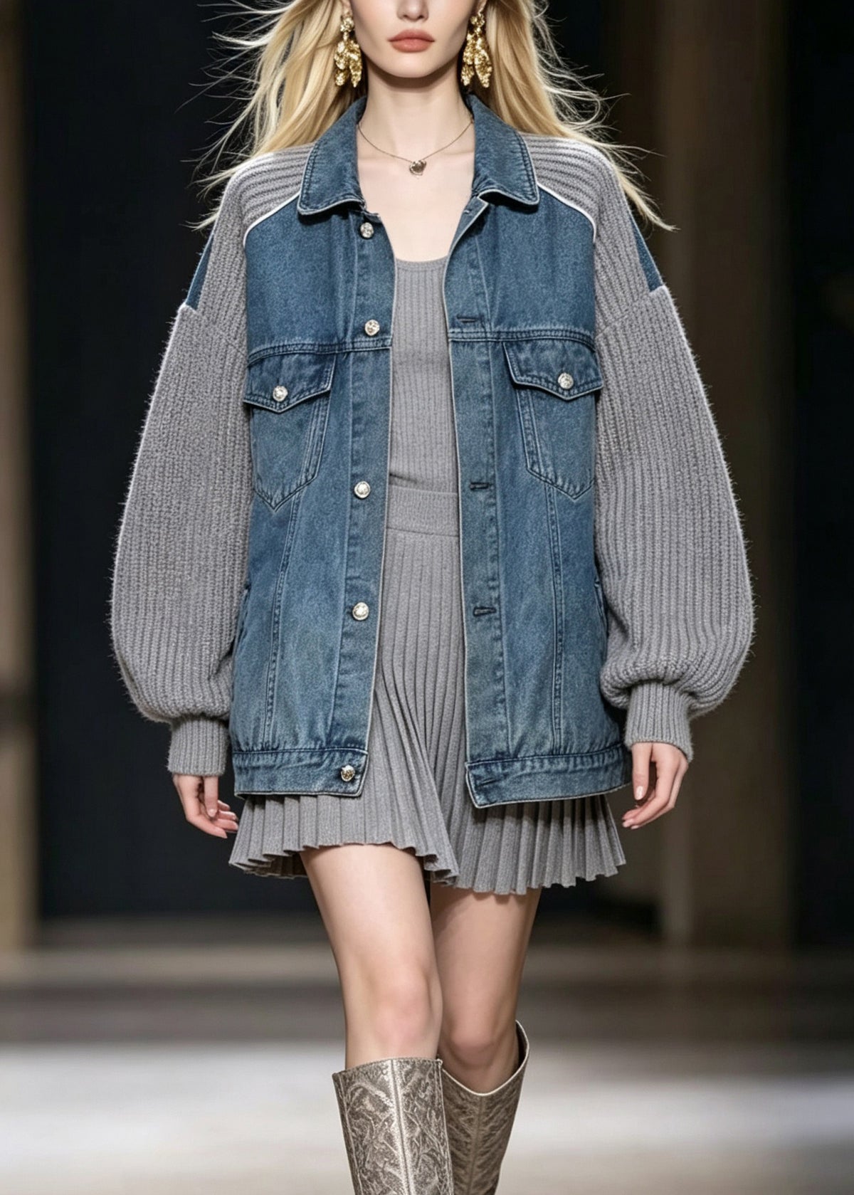 Chic Grey Peter Pan Collar Pockets Denim Patchwork Knit Coats Fall
