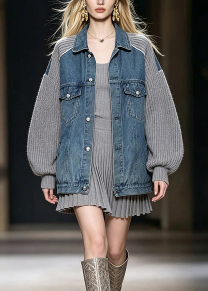Chic Grey Peter Pan Collar Pockets Denim Patchwork Knit Coats Fall
