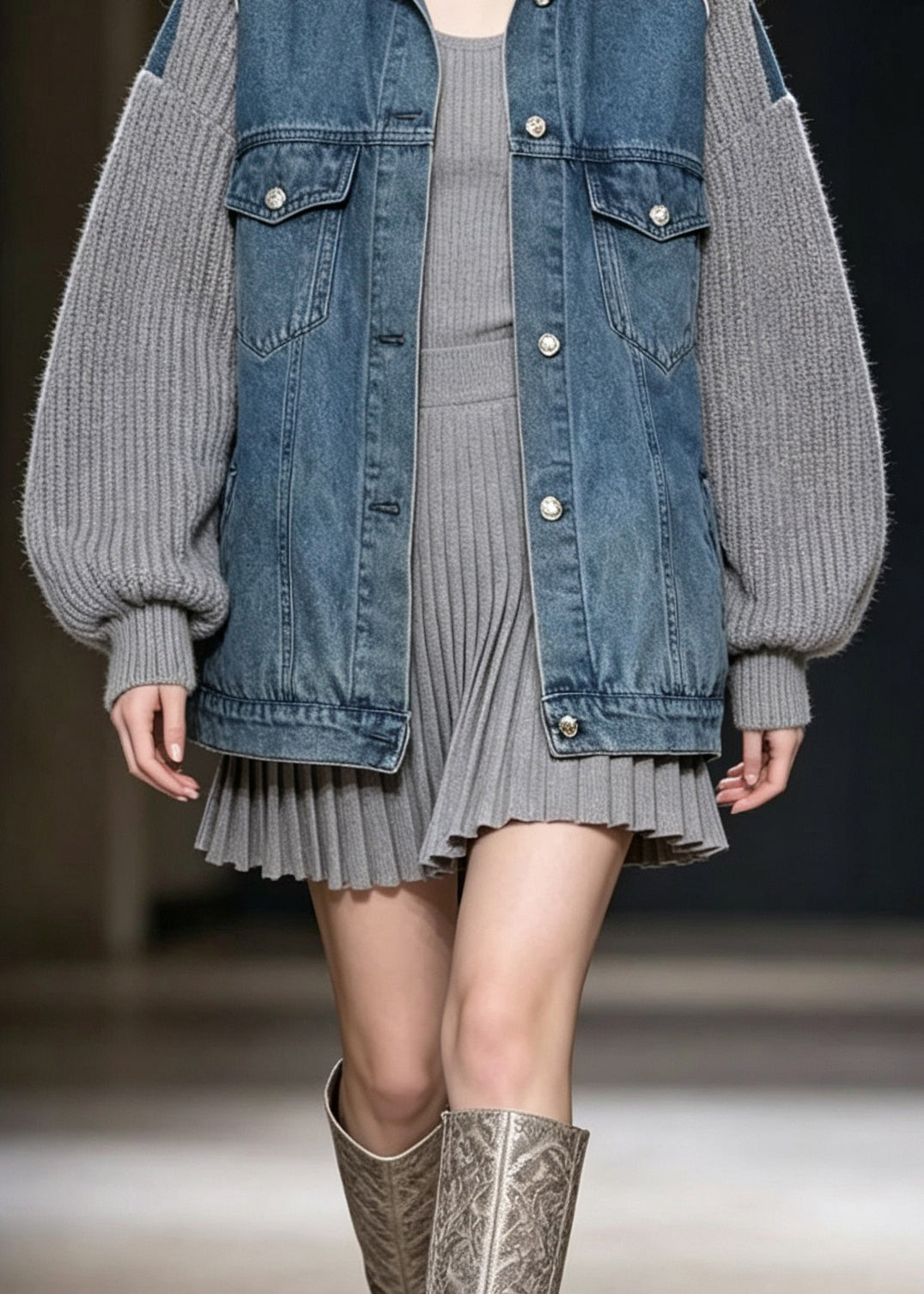 Chic Grey Peter Pan Collar Pockets Denim Patchwork Knit Coats Fall