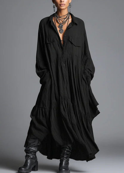 Chic Grey Peter Pan Collar Wrinkled Patchwork Cotton Dress Long Sleeve